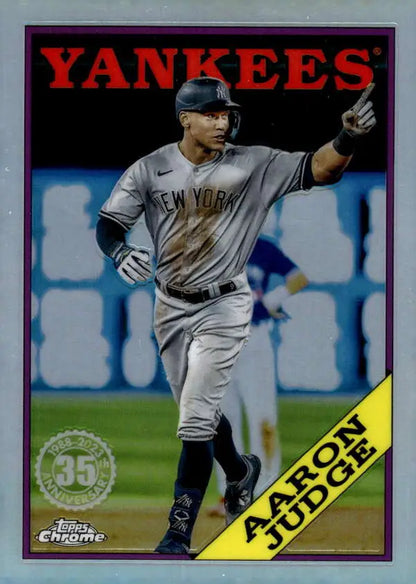 Baseball card of Aaron Judge in gray New York Yankees uniform from Topps Chrome