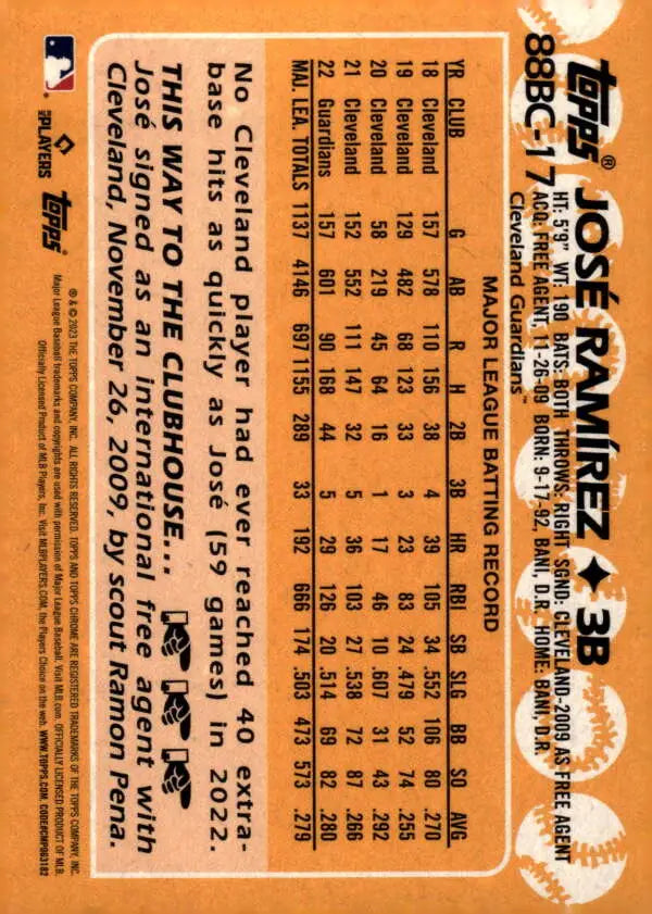 2023 Topps Chrome 1988 Baseball Refractor #88BC-17 Jose Ramirez Cleveland Guardians Card