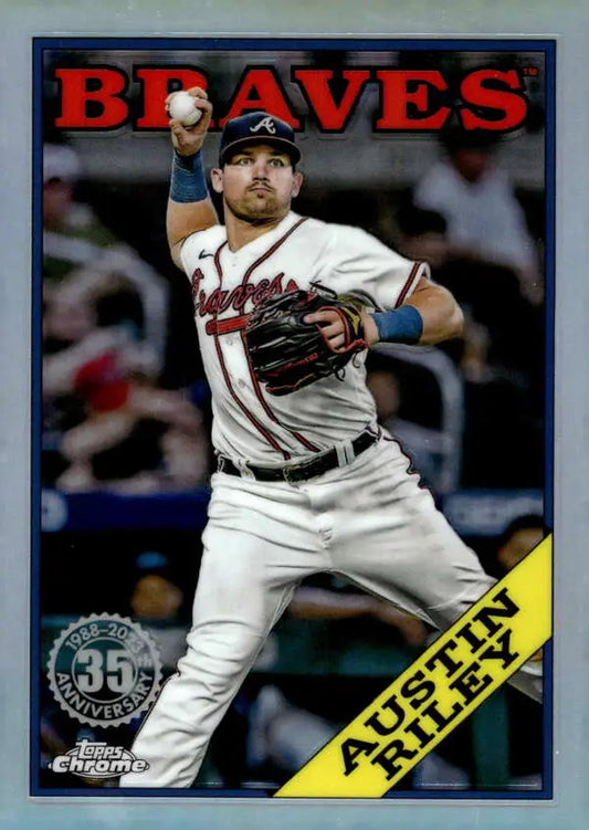 Austin Riley in Atlanta Braves uniform throwing a ball on Topps Chrome baseball card