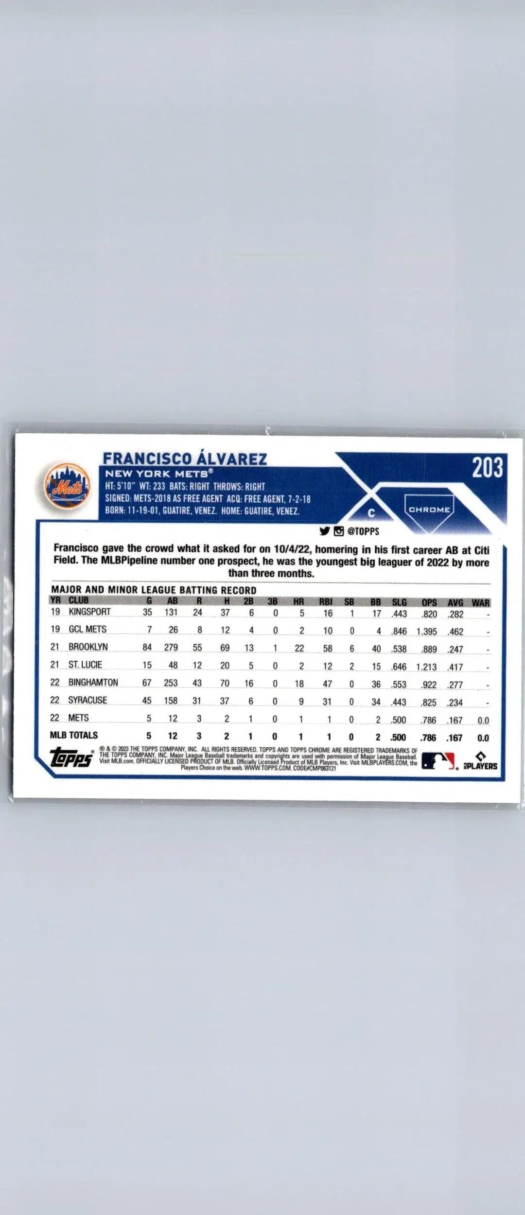 Back of 2023 Topps Chrome #203 Francisco Álvarez Refractors trading card