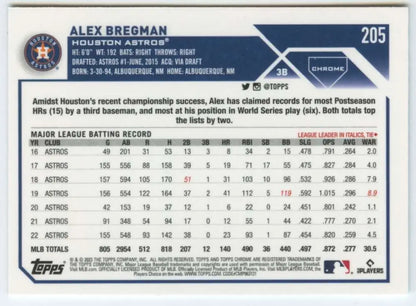 Baseball card back of 2023 Topps Chrome #205 Alex Bregman Houston Astros collectible