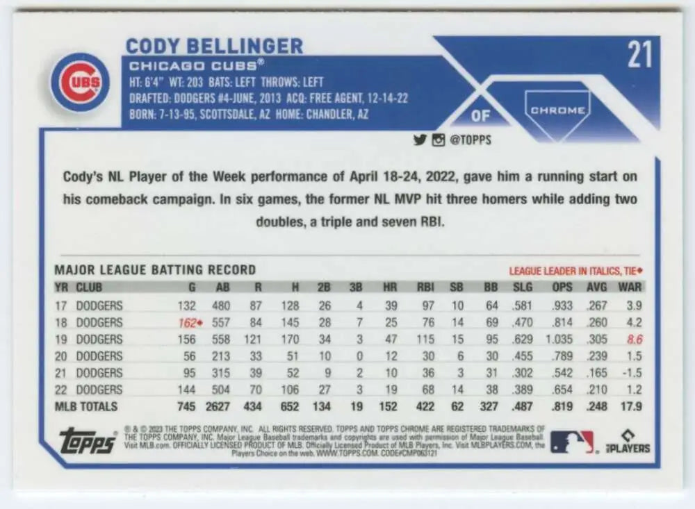 Cody Bellinger 2023 Topps Chrome #21 NM-MT Chicago Cubs Baseball Card