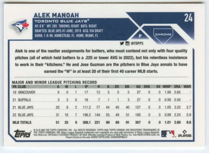 Alek Manoah 2023 Topps Chrome baseball card featuring Toronto Blue Jays stats and info