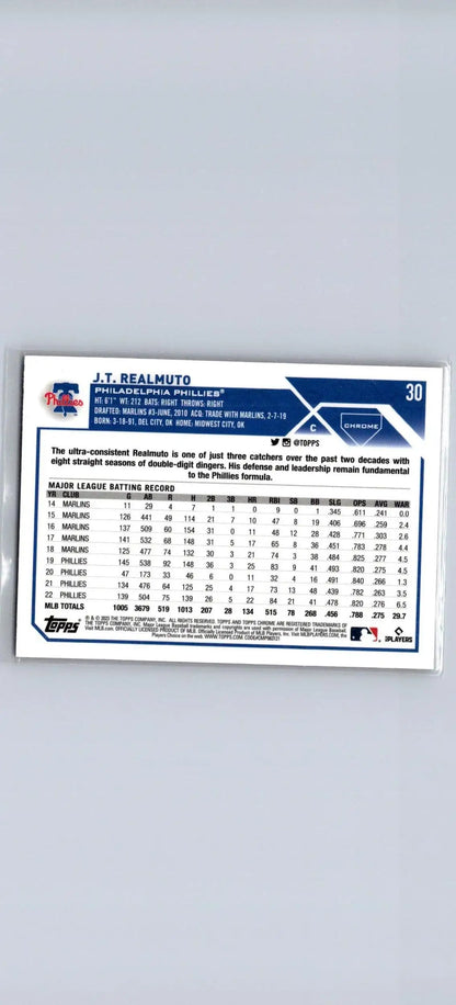 Baseball card featuring 2023 Topps Chrome J.T. Realmuto Pink Refractors statistics