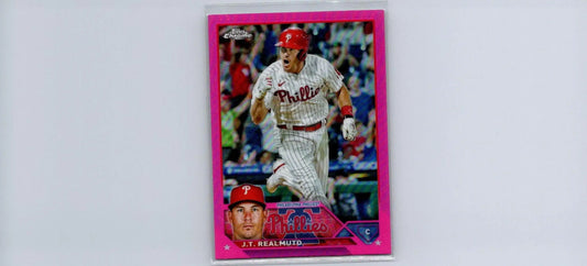 J.T. Realmuto baseball card featuring Pink-bordered Topps Chrome Pink Refractors design