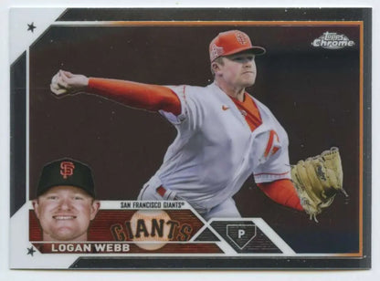 Baseball card of Logan Webb showcasing San Francisco Giants portrait and action pose