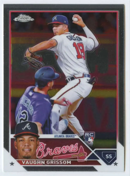 Baseball card of Vaughn Grissom in mid-throw, showcasing Topps Chrome Atlanta Braves talent