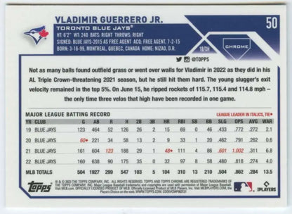 2023 Topps Chrome #50 Vladimir Guerrero Jr. NM-MT Baseball Card for Toronto Blue Jays fans