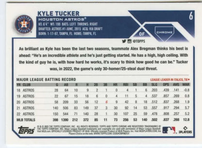 Kyle Tucker 2023 Topps Chrome #6 Baseball Card, Houston Astros NM-MT Condition