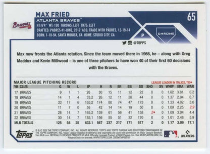 Max Fried Atlanta Braves pitching stats on 2023 Topps Chrome #65 baseball card