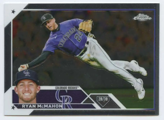 Baseball card of Ryan McMahon making a diving play for the Colorado Rockies