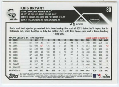 Kris Bryant Colorado Rockies baseball card featuring career batting statistics and player info