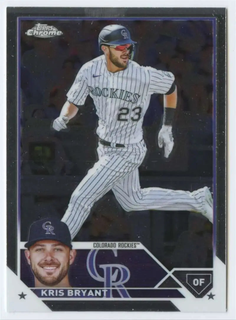 Kris Bryant running in pinstripe uniform on Colorado Rockies baseball card 2023 Topps Chrome