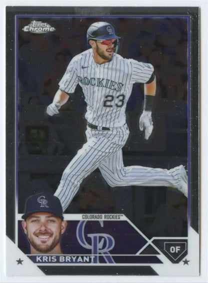 Kris Bryant running in pinstripe uniform on Colorado Rockies baseball card 2023 Topps Chrome