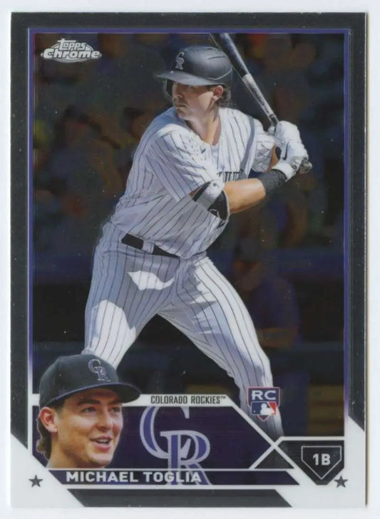 Michael Toglia Colorado Rockies baseball card in white pinstriped uniform at bat