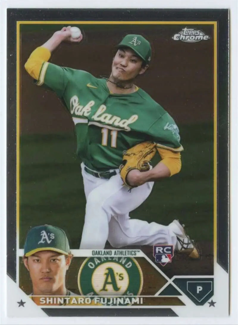 Shintaro Fujinami pitching in green and yellow uniform on 2023 Topps Chrome card