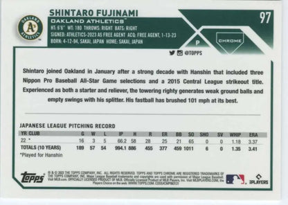 Baseball card of Shintaro Fujinami featuring statistics for Oakland Athletics Topps Chrome