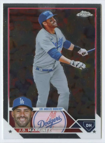 Baseball card of J.D. Martinez in gray uniform for Los Angeles Dodgers Topps Chrome