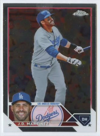 Baseball card of J.D. Martinez in gray uniform for Los Angeles Dodgers Topps Chrome