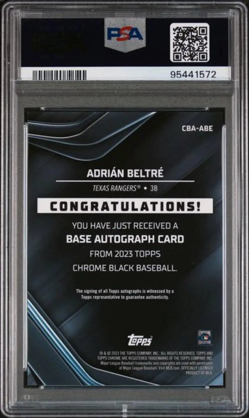 Graded Adrian Beltre autograph baseball card from Topps Chrome Black featuring Texas Rangers logo