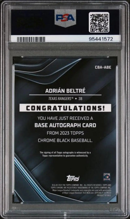 Graded Adrian Beltre autograph baseball card from Topps Chrome Black featuring Texas Rangers logo