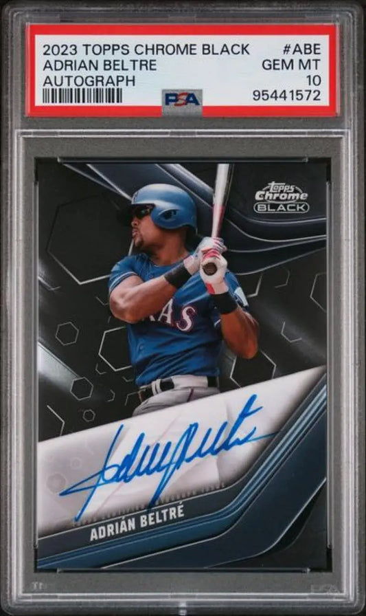 Autographed Adrian Beltre Texas Rangers baseball card from 2023 Topps Chrome Black series