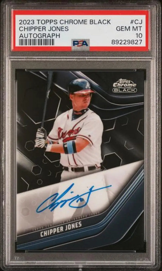 PSA-graded Topps Chrome Black Chipper Jones Auto baseball card for Atlanta Braves fans