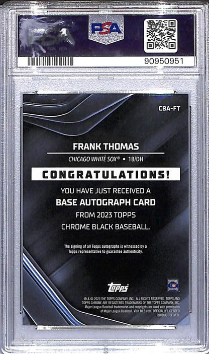 Graded Frank Thomas baseball card from Topps Chrome Black featuring PSA 10 GEM MINT auto