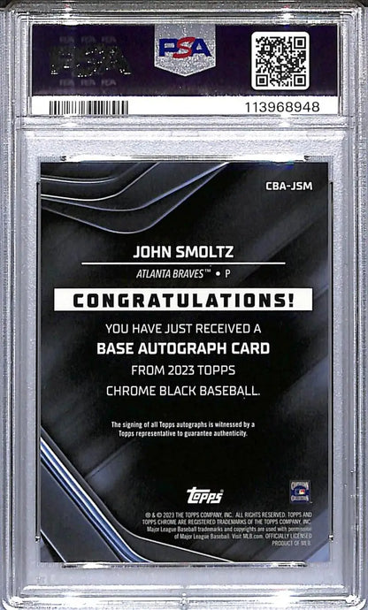 Graded John Smoltz baseball card from Topps Chrome Black featuring Atlanta Braves player