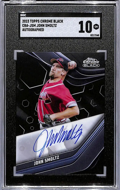Graded and sleeved autographed 2021 Topps Chrome Black John Smoltz Atlanta Braves Baseball Card