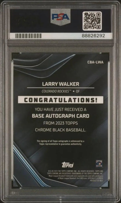Back side of a PSA 10 Gem Mint Larry Walker baseball card from 2023 Topps Chrome Black