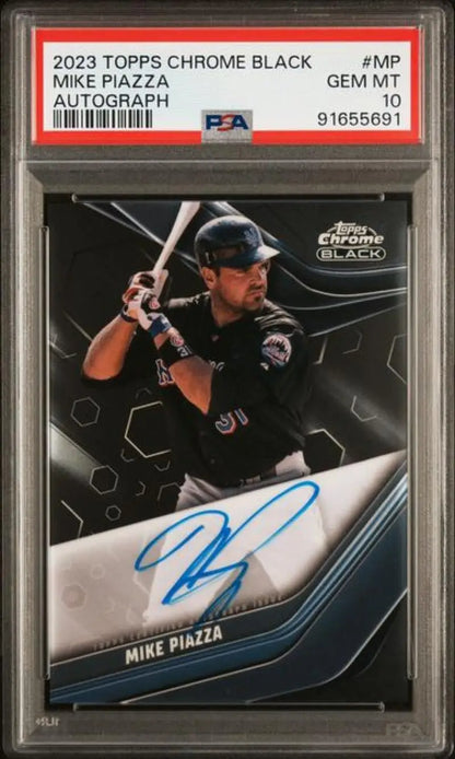 PSA 10 GEM MINT Mike Piazza 2023 Topps Chrome Black autographed baseball card image