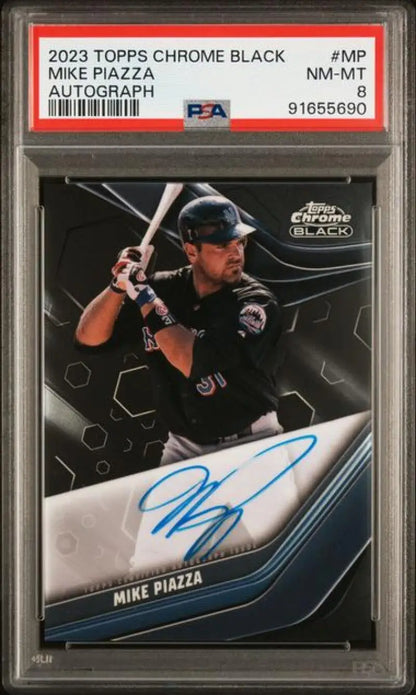 PSA 8 NM-MT 2023 Topps Chrome Black Mike Piazza autographed baseball card at bat