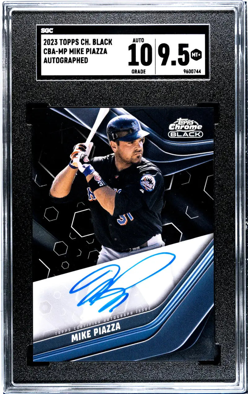 Graded 2020 Topps Chrome Black Autographed Baseball Card of Mike Piazza at Bat
