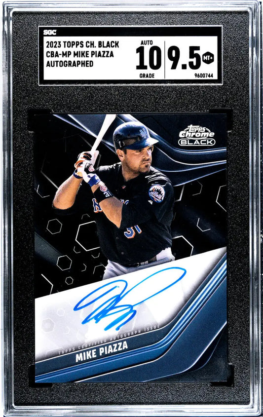 Graded 2020 Topps Chrome Black Autographed Baseball Card of Mike Piazza at Bat