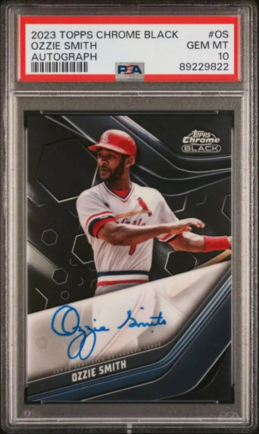 PSA-graded 2023 Topps Chrome Black Ozzie Smith auto baseball card in batting pose