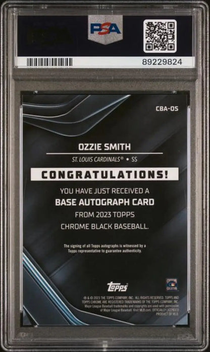 Back of 2023 Topps Chrome Black Ozzie Smith autograph card showing congratulatory text