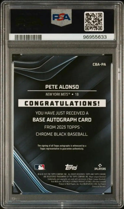 PSA-graded baseball card featuring Pete Alonso autograph from 2021 Topps Chrome Black
