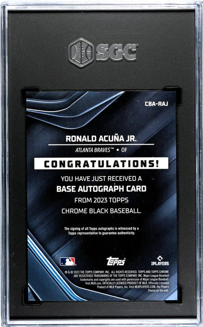 Back of 2023 Topps Chrome Black Ronald Acuna Jr. autograph card with redemption details