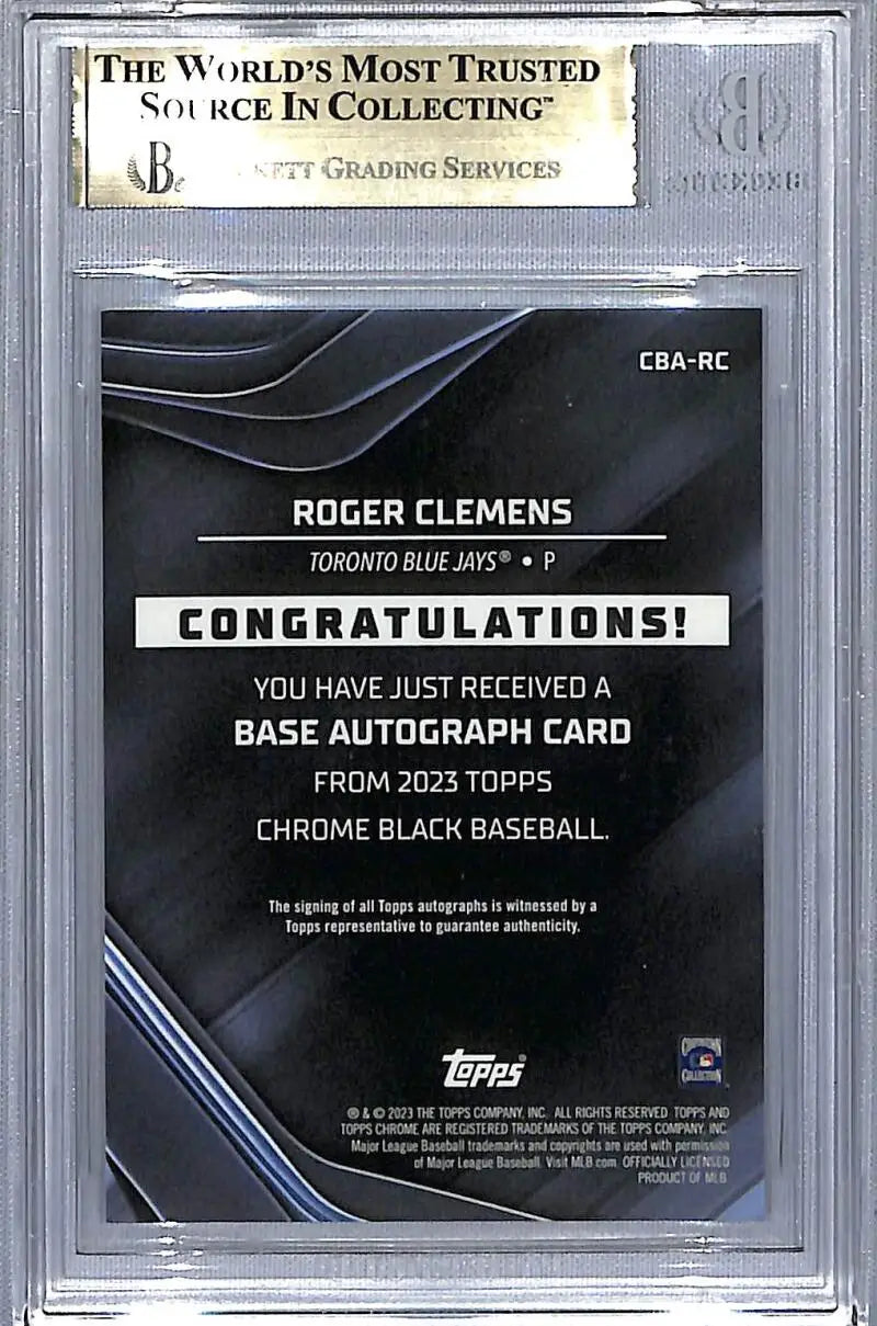 Graded Topps Chrome Black Roger Clemens autograph card redemption notice for Toronto Blue Jays