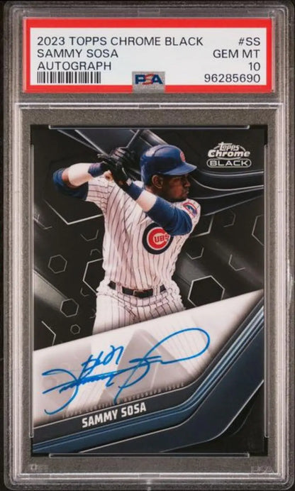 Graded Sammy Sosa autographed baseball card with gem mint condition from Chicago Cubs