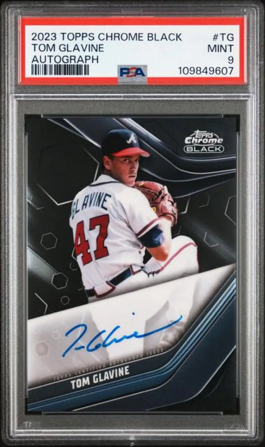 Tom Glavine autographed baseball card from 2023 Topps Chrome Black featuring Atlanta Braves player