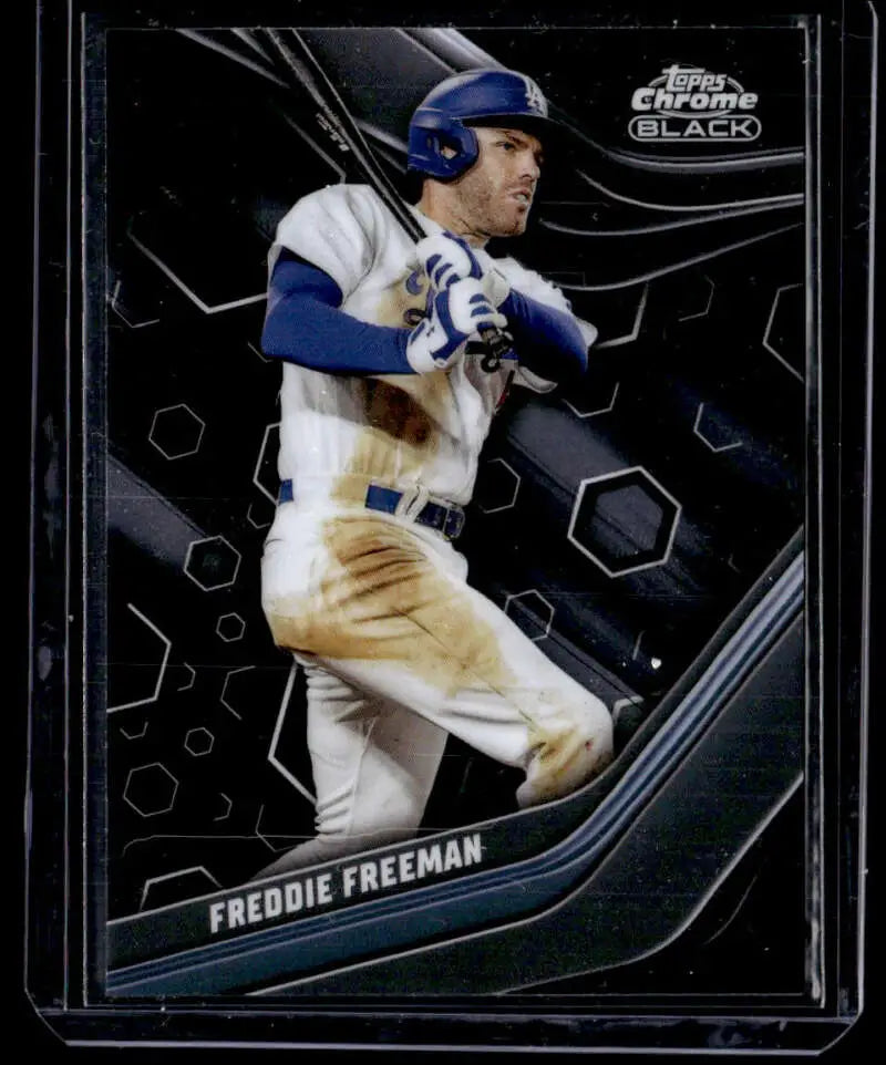 Baseball trading card of Freddie Freeman in a white uniform with blue accents