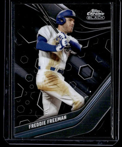 Baseball trading card of Freddie Freeman in a white uniform with blue accents