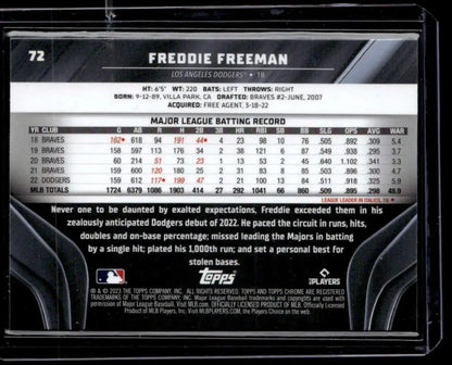 Baseball statistics card for Freddie Freeman in 2023 Topps Chrome Black #72 NM-MT