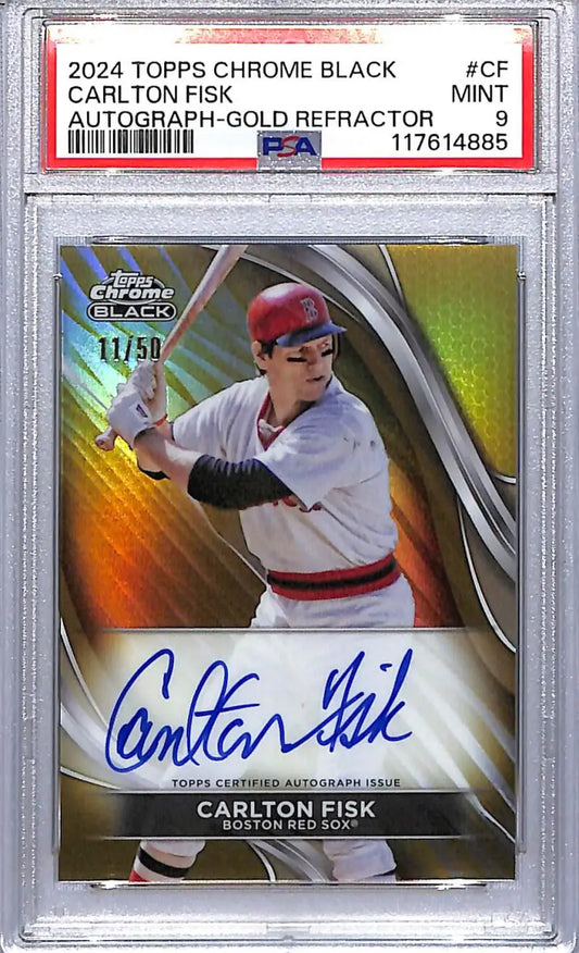 Graded Carlton Fisk autographed baseball card from Topps Chrome Black Gold series