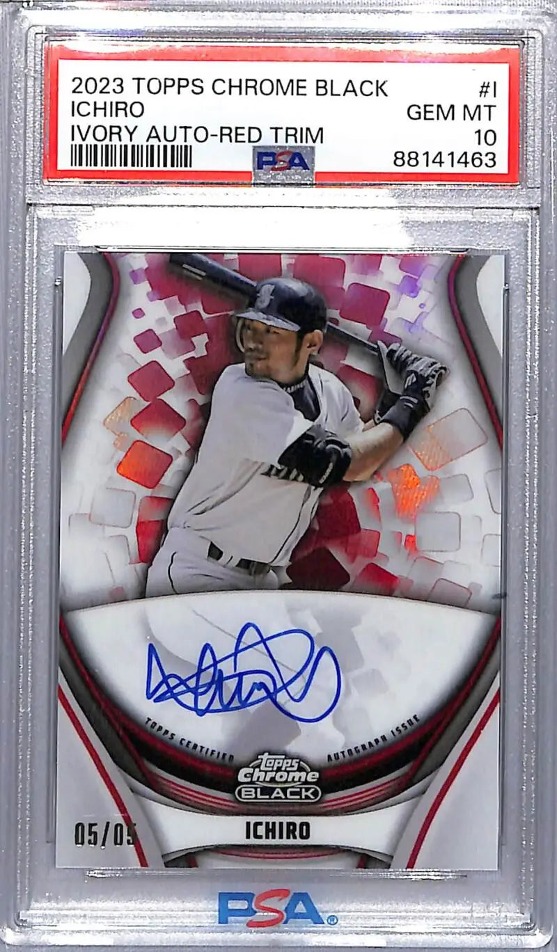 Graded Ichiro baseball card with black ivory red and ivory red trim in 2023 Topps Chrome Black Ivory Red product