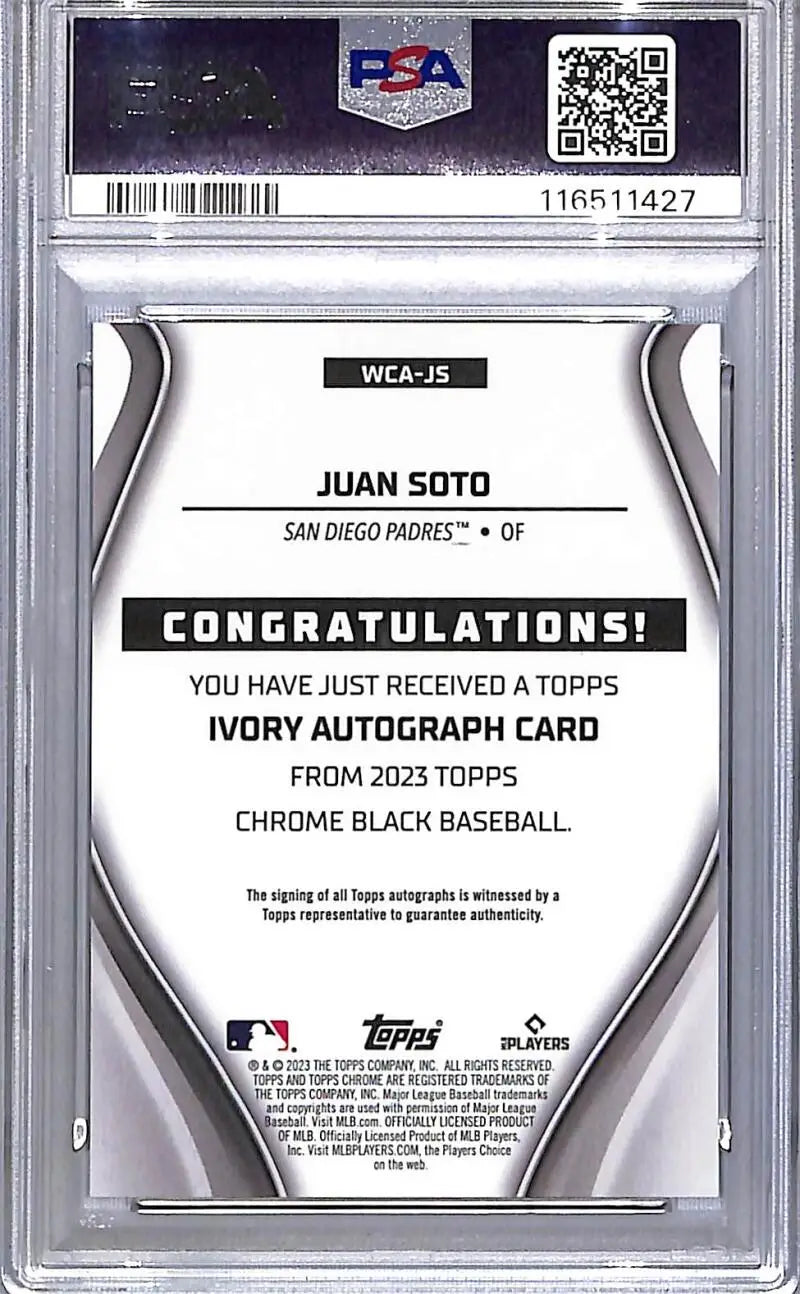 PSA-graded Juan Soto baseball card redemption from 2023 Topps Chrome Black Ivory San Diego Padres