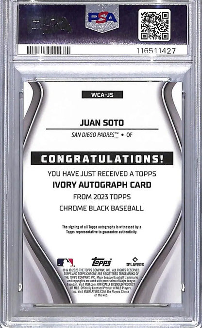 PSA-graded Juan Soto baseball card redemption from 2023 Topps Chrome Black Ivory San Diego Padres