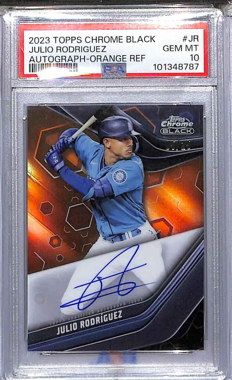 Graded Julio Rodriguez autographed baseball card from 2023 Topps Chrome Black Orange Seahawks Mariners